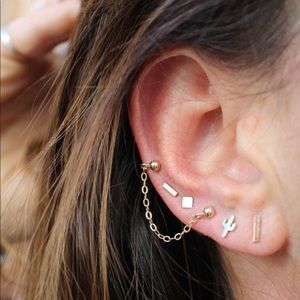 Gold Double Stud Chain Earring